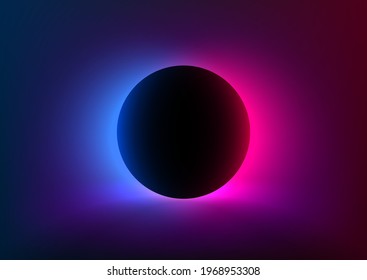 Abstract futuristic background with vivid neon blue pink light behind the black circle. Eclipse concept. Design of banner, poster, flyer for cybersport, and advertising. Vector illustration.