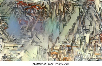 Abstract futuristic background with a watercolor texture. Image of a fantastic city. Modern art