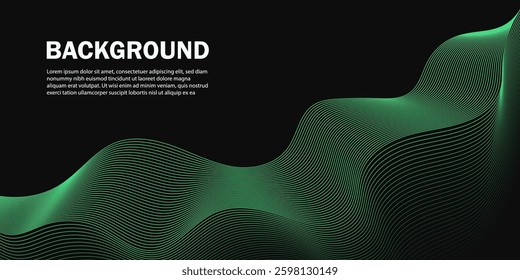 Abstract futuristic background with wavy green lines on a black surface, future banner poster cover pattern creative graphic vector, perfect for technology and modern design