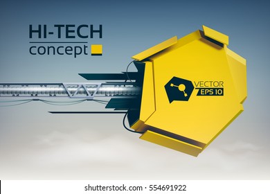 Abstract futuristic background with yellow mechanical object on metal pillar in hi-tech style vector illustration