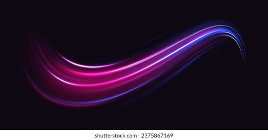 Abstract futuristic banner. Modern backdrop, background, screensaver. Generative AI. Abstract background in blue and purple neon glow color. Glittering neon energy wave. Curve line light vector effect