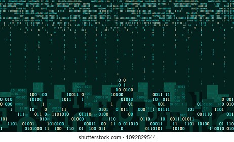 Abstract futuristic binary city with the artificial intelligence and internet of things, smart city with cloud storage, binary rain, flow - data stream, big data, network digital technology concept