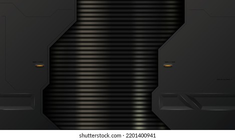 Abstract futuristic black and dark enamel metal background with modern shape. Technology background. Industrial metal backdrop banner. Vector sci-fi frame design. Line texture tech wallpaper