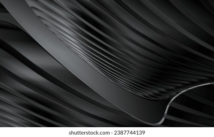 Abstract futuristic black metallic background with waved design. Abstract 3d luxury black curve background. Parallel lines. Black curvy pattern surface. Warped metallic stripes. Premium Vector EPS10.