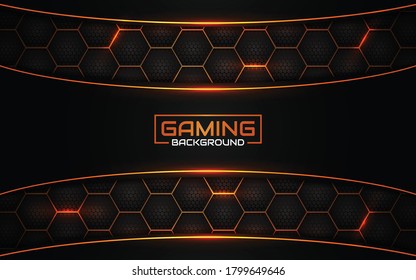 Abstract futuristic black and orange gaming background with glossy metal esport shapes. Vector design template technology concept can use element game banner, sport poster, wallpaper, web streaming