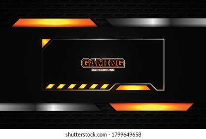 Abstract futuristic black and orange gaming background with glossy metal esport shapes. Vector design template technology concept can use element game banner, sport poster, wallpaper, web streaming