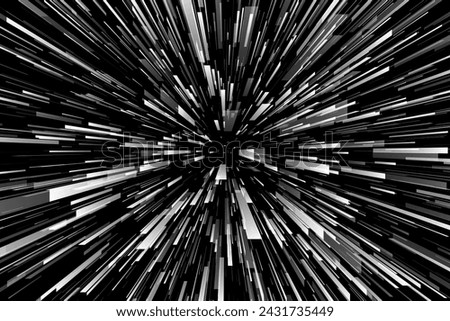 Abstract futuristic black and white technology background with geometric digital explosion. Radial monochrome lines in speed motion effect. High speed wireless big data transmission concept. Vector