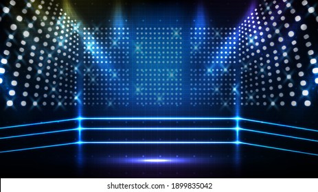 Abstract futuristic blue background of boxing ring stage with beautiful spotlight ray