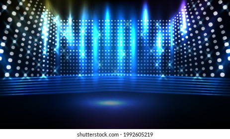 Abstract futuristic blue background of glowing stage with beautiful spotlight ray