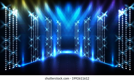 Abstract futuristic blue background of glowing stage with beautiful spotlight ray