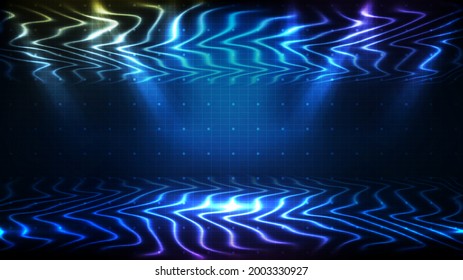 Abstract futuristic blue background of glowing stage with beautiful spotlight ray