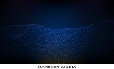 Abstract Futuristic Blue Background Wireframe Landscape, Polygonal Mountains, Data Flow Map System Technology Style