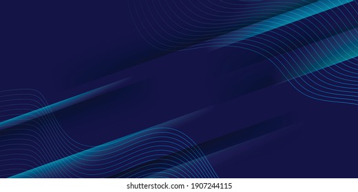 Abstract futuristic blue banner background with overlapping geometric shapes and gradient wave curve line