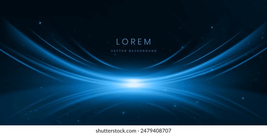 Abstract futuristic blue curved light lines with effect sparkle on dark blue background. Vector illustration