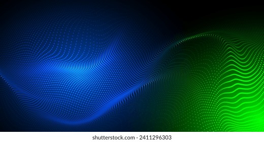 Resumen ola futurista azul y verde con fondo de puntos en movimiento. Flujo de partículas con efecto de destello. Gráficos vectoriales ideales para folletos, volantes, revistas, tarjetas de visita y banners. Vector.