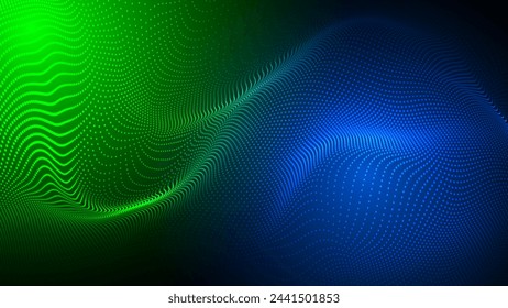 Abstract futuristic blue and green waves with moving dots form the background, a flowing particle effect and glitch aesthetic. Vector graphic is ideal for use in brochures, flyers, magazines, banner.