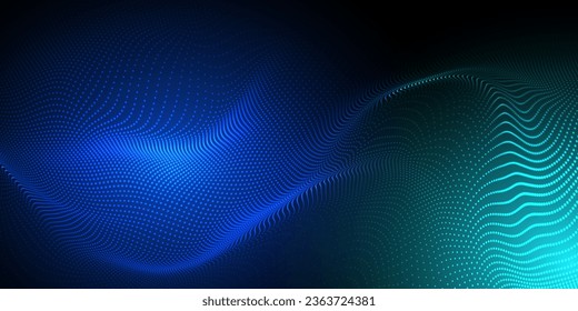 Abstract futuristic blue and indigo wave with moving dots. Flow of particles with glitch effect. Ideal vector graphics for brochures, flyers, magazines, business cards and banners. Vector.