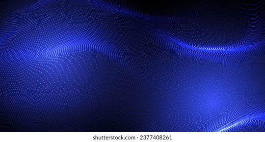 Abstract futuristic blue and indigo wave with moving dots. Flow of particles with glitch effect. Ideal vector graphics for brochures, flyers, magazines, business cards and banners. Vector.