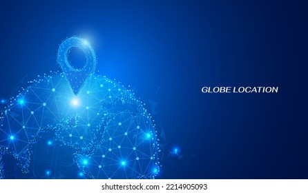 Resumen globo de polos azul futurista bajo con vectores de punto de marcado de icono de ubicación de pin. Concepto gráfico 3d del planeta Tierra de la ciencia de la tecnología.