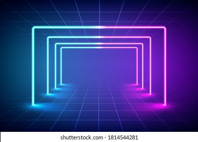 Abstract futuristic blue and pink neon light background, Reflective empty room with neon tube. vector illustration