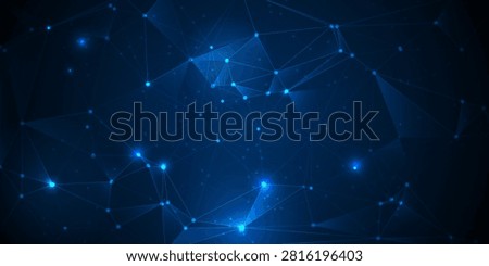 Abstract futuristic blue technology background with connected data nodes, molecule-inspired network structure, glowing communication points, and polygonal lines. Ideal for big data, cloud computing, blockchain, cybersecurity, digital transformation, networking and innovation concepts.