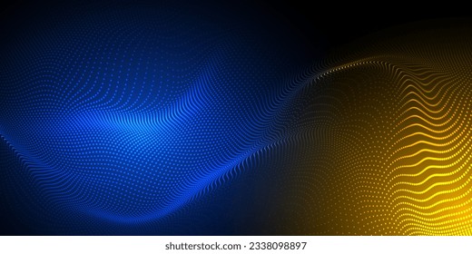 Abstract futuristic blue and yellow wave with moving dots. Flow of particles with glitch effect. Ideal vector graphics for brochures, flyers, magazines, business cards and banners. Vector.