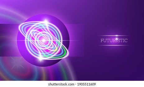 Abstract futuristic bright banner. Glowing curved shapes and light beams with sparks. Purple background. Large translucent colored muddy circles. Clipping mask. EPS10