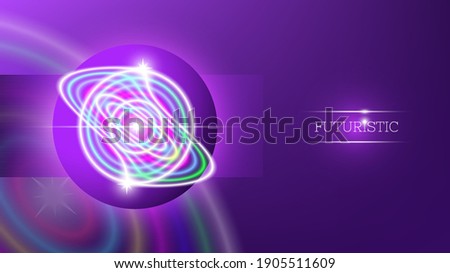 Abstract futuristic bright banner. Glowing curved shapes and light beams with sparks. Purple background. Large translucent colored muddy circles. Clipping mask. EPS10