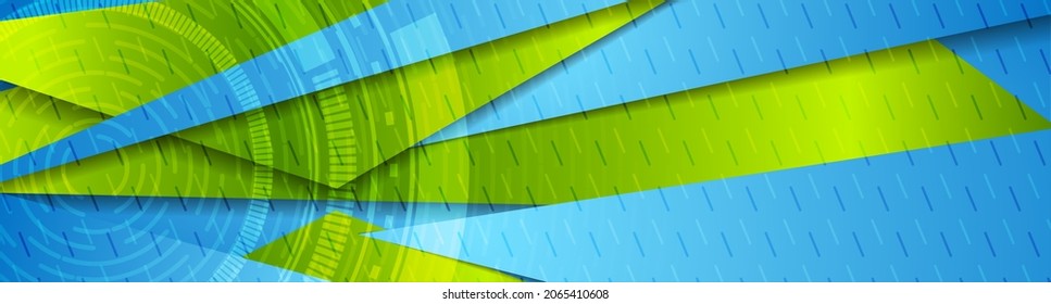 Abstract futuristic bright blue green technology composition design. Geometric background with HUD gears. Vector banner