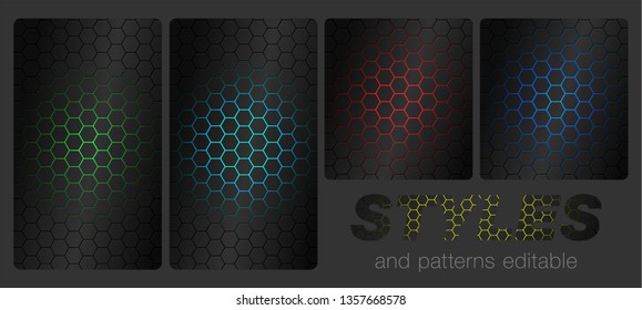 Abstract futuristic cell hexagonal seamless pattern in different colors. Vector illustration. Editable styles and pattern included.