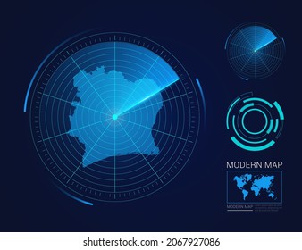 Abstract futuristic circle radar vector HUD, GUI, UI interface map of Ivory Coast
