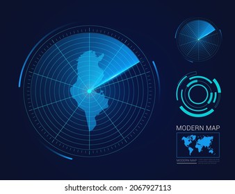 Abstract futuristic circle radar vector HUD, GUI, UI interface map of Tunisia