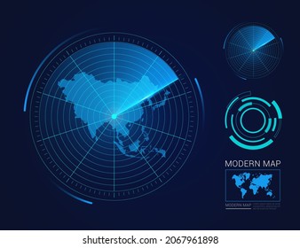 Abstract futuristic circle radar vector HUD, GUI, UI interface map of Asia