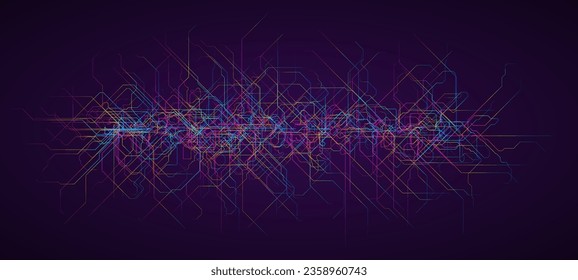 Abstract futuristic circuit board banner with random tangled colorful gradient streaming lines. Artificial Intelligence, new technology development, brainstorm and inspire concept. Vector illustration