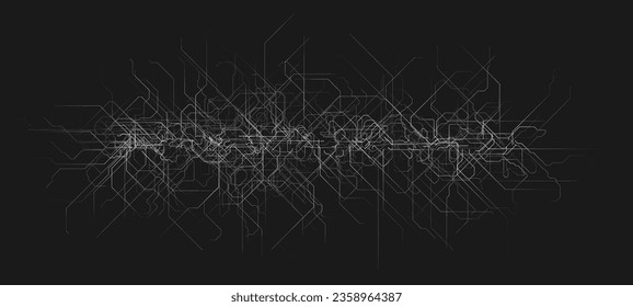 Abstrakter futuristischer Leiterplatten-Banner mit zufälligen, getanzten monochromen Farbverlauf-Streaming-Linien. Künstliche Intelligenz oder neues Technologieentwicklungskonzept. Vektorgrafik