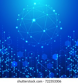 Abstract Futuristic Circuit Board. Digital Global Network Electronic Future Innovation Communication Business Connection. Technology Dark Blue Background. Technology Global Network Concept

