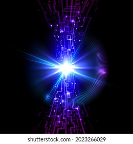 Abstract Futuristic Circuit Board. The Interplay of Network Lines, Lights, and Symbols Against a Dark Background on the Subject of Modern Technology, Networking, or Science.