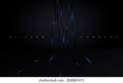 Abstract futuristic circuit board lights moving on dark black room wall for poster, website and design concepts. Vector illustration eps 10
