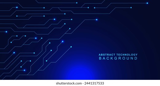 Abstract futuristic circuit board technology. Scifi PCB trace data transfer, digital network connection and communication concept on blue background. Vector illustration.