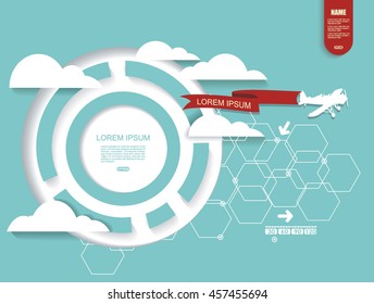 Abstract futuristic circuit high computer technology background with airplane flying through clouds in the blue sky. Flat design style modern vector illustration.