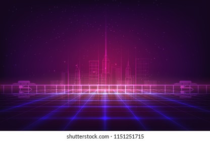 Abstract Futuristic City background with purple neon grids city silhouette in vintage style.Can be used for workflow layout, diagram, web design, banner template. Vector illustration