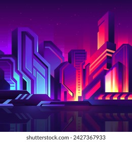 Abstract futuristic city at night. Cyberpunk high-rise buildings in blue and pink neon color illustration.