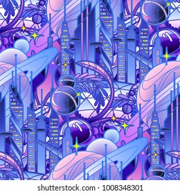 Abstract futuristic city with skyscrapers, satelites and fantastic planets. Virtual reality. Modern technologies for gaming. Vector seamless pattern