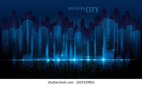 Abstract Futuristic City Vector, Digital Cityscape Background. Transparent City Landscape, Dots Building In The Night City, Sci-fi, Skyline Perspective, Architecture Vector