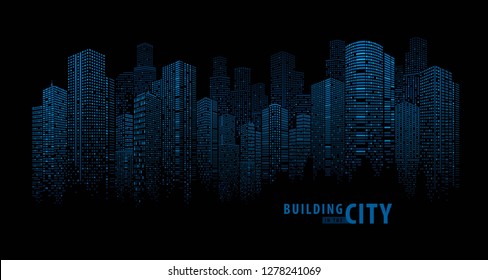 Abstract Futuristic City Vector, Digital Cityscape Background. Transparent City Landscape, Dots Building In The Night City, Sci-fi, Skyline Perspective, Architecture Vector
