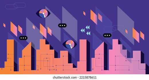 Abstract futuristic city vector illustration. Metaverse Flat vector illustration. VR headsets, interacting and exploring a virtual world. Concept of future innovations.