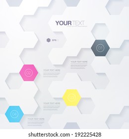 Abstract Futuristic CMYK Colors Hexagon Shape Infographic Design Template For Your Business Presentation With Text And Numbers.  Eps 10 Stock Vector Illustration