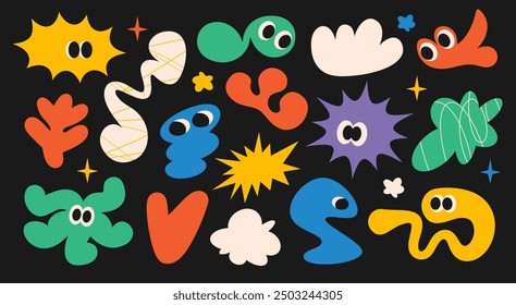 Abstract futuristic comic shapes with eyes, frame, textbox in trendy retro Groovy, Y2K style, Vintage. Colored isolated on black background label, sticker, elements. Flat Vector Illustration EPS10