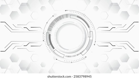 Abstract futuristic communication. Hi-tech grey background with various technology elements. Vector illustration of hexagons and lines