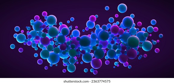 Abstract futuristic composition with many dreamy neon flying glowing spheres. Vector background for future digital technology, data science, particles, digital world, cyberspace or landing page